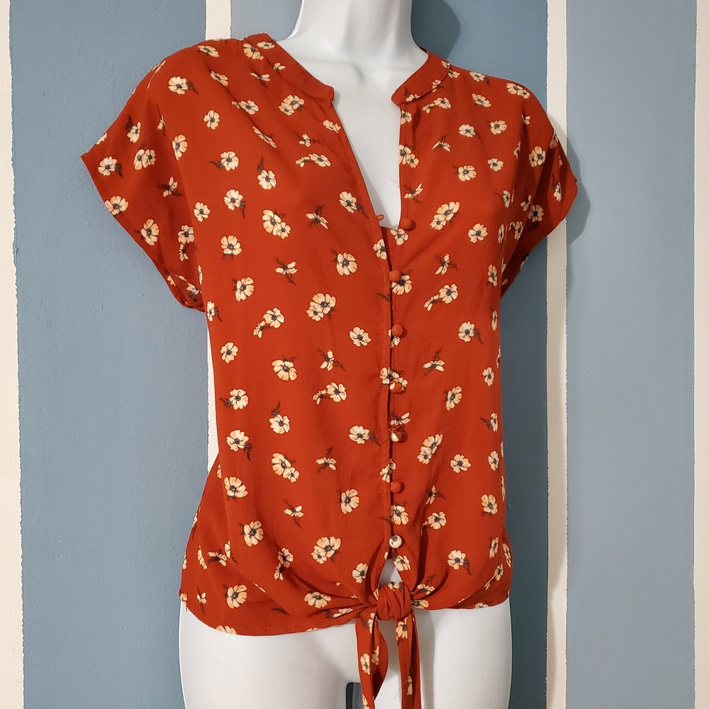 Pink Rose Rust Floral Tie-Front Blouse